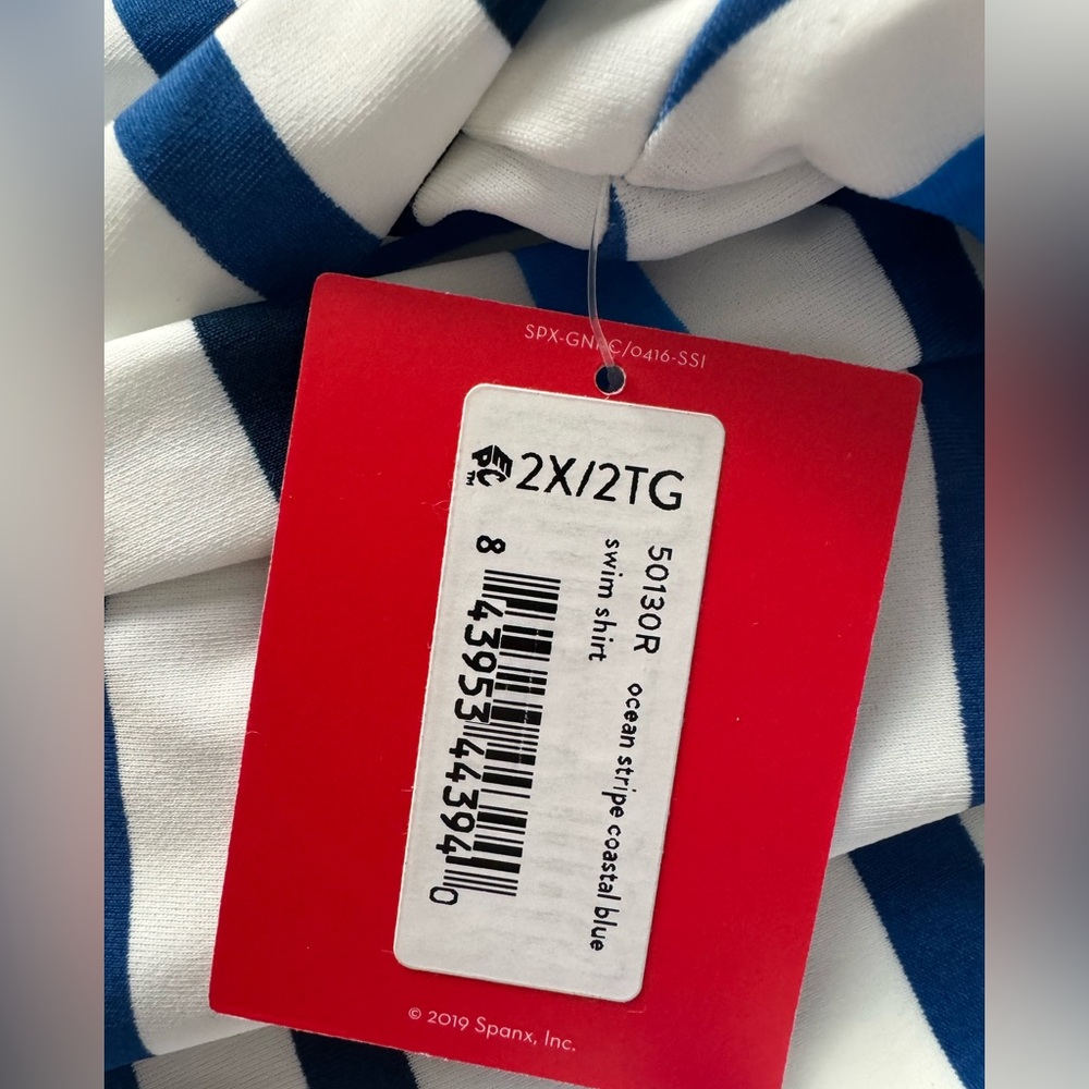 NWT SPANX Ocean Stripe Coastal Blue 2X Swim Sun Rash Protection Shirt UPF 50+ - Picture 5 of 7